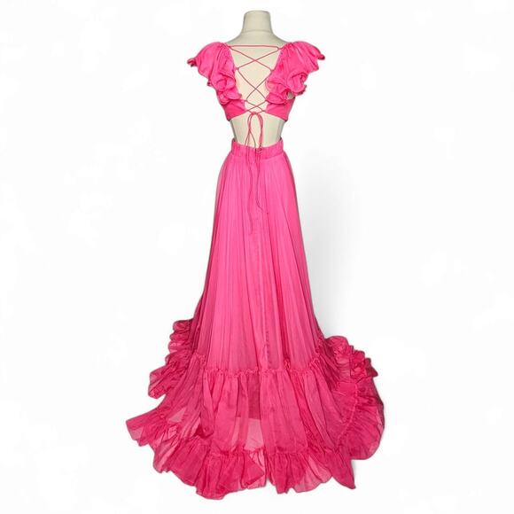 Mac Duggal 70254 Ruched Ruffled Shoulder Cut Out Lace Up Gown in Hot Pink Size 8 - Picture 2 of 14